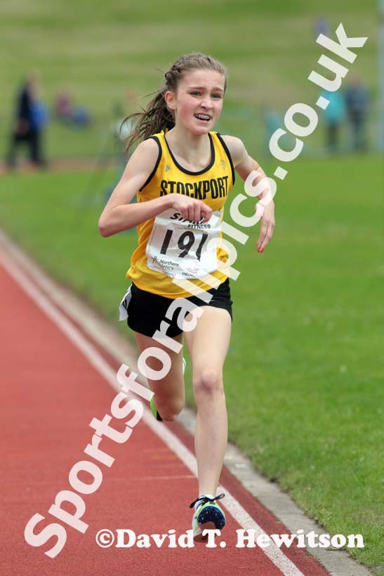Katy Whitoak (Stockport Harriers) winning the under-15s 1500 metres at the Northern Under-17s and 15s Championships, Liverpool.